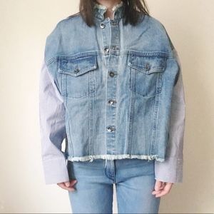Denim-front blue striped button-down shirt